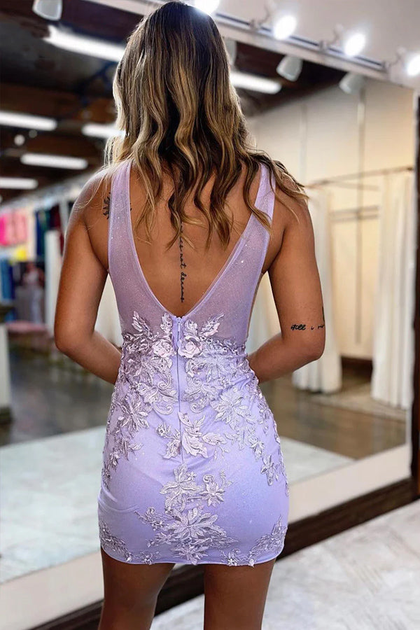 Plunging V-Neck Lavender Straps Appliques Illusion Homecoming Dress  PD470-Pgmdress