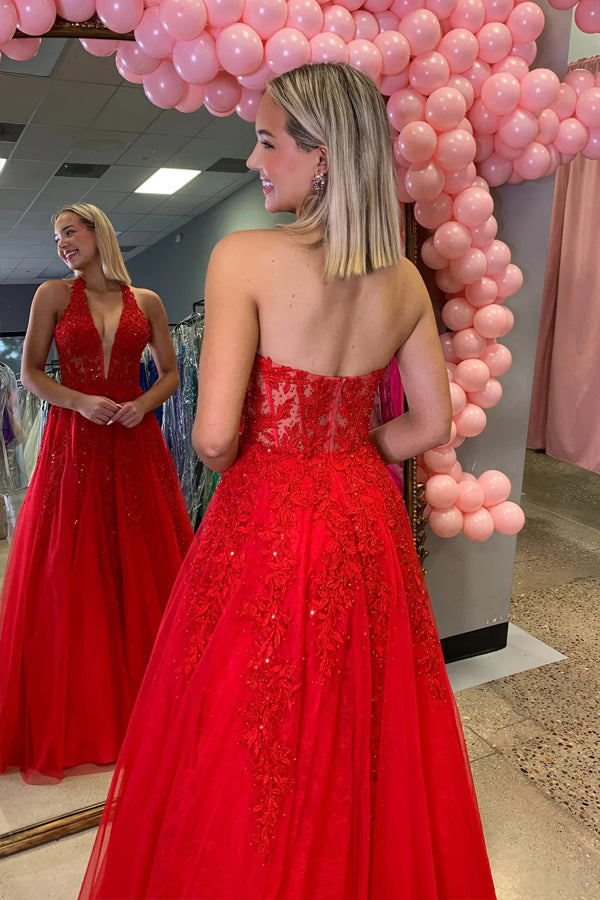 Plunging V-neck Beaded Lace Applique Red Long Prom Dress PSK707-Pgmdress
