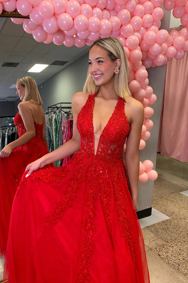 Plunging V-neck Beaded Lace Applique Red Long Prom Dress PSK707-Pgmdress
