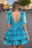 Plunging Neck Bow Sleeves Tiered Blue Homecoming Dress PD511-Pgmdress