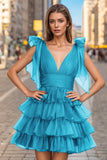 Plunging Neck Bow Sleeves Tiered Blue Homecoming Dress PD511-Pgmdress
