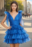 Plunging Neck Bow Sleeves Tiered Blue Homecoming Dress PD511-Pgmdress