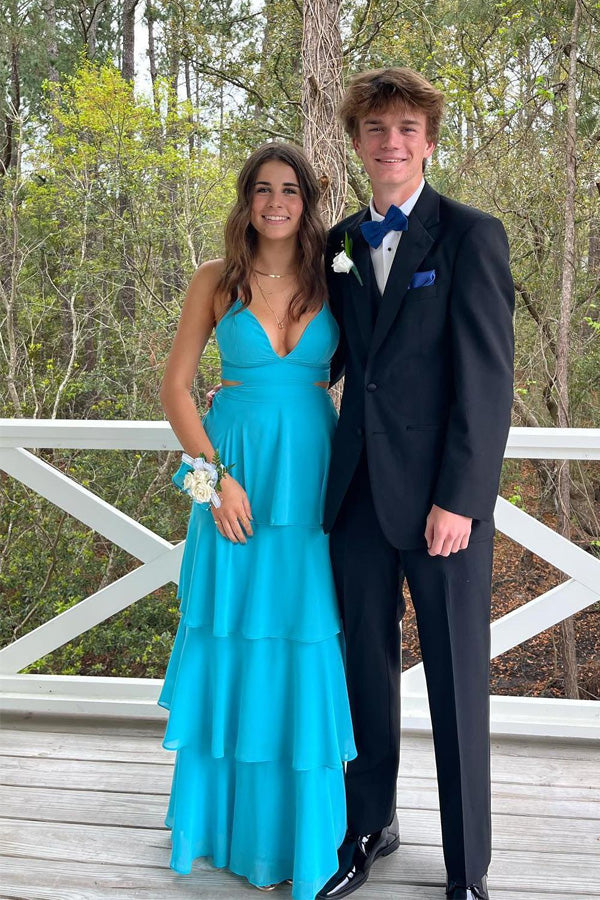 Pretty Cutouts Tiered Chiffon Blue Prom Dress Party Dress PSK610 US2 / Blue