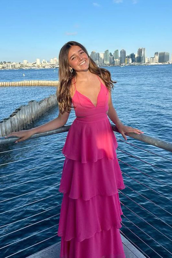 Pretty Cutouts Tiered Chiffon Blue Prom Dress Party Dress PSK610-Pgmdress