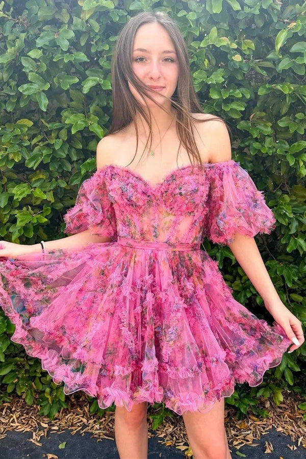 sachin and babi light blue dress Pretty Fuchsia Puff Sleeves A-Line Princess Homecoming Dress PD532 US18 / Fuchsia