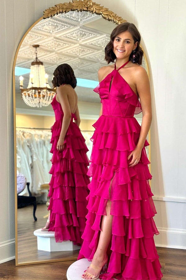 Pretty Halter Neck Ruffle Fuchsia Long Prom Dress PSK577 US10 / Custom Color