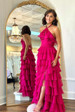 Jolie robe de bal longue fuchsia à volants et col licou PSK577