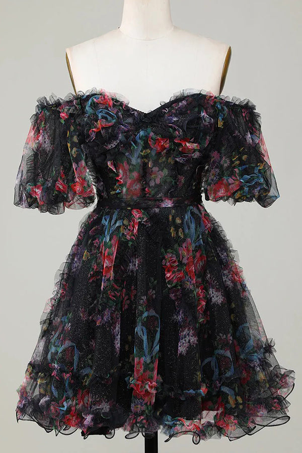 Pretty Fuchsia Puff Sleeves A-Line Princess Homecoming Dress PD532 US10 / Black