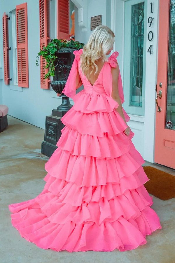 Princess A-Line V-Neck Fuchsia Prom Dress Party Dress With Slit PSK649-Pgmdress