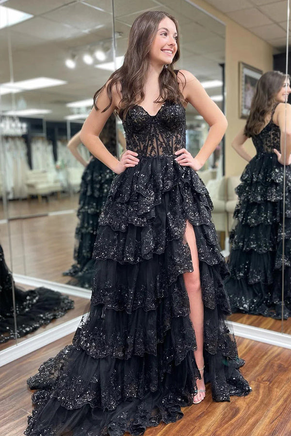 Princess Lace Tiered Stunning Blue Prom Dress With Ruffles PSK516 Custom Size / Black Princess Lace Tiered Stunning Blue Prom Dress With Ruffles PSK516 Custom Size / Black