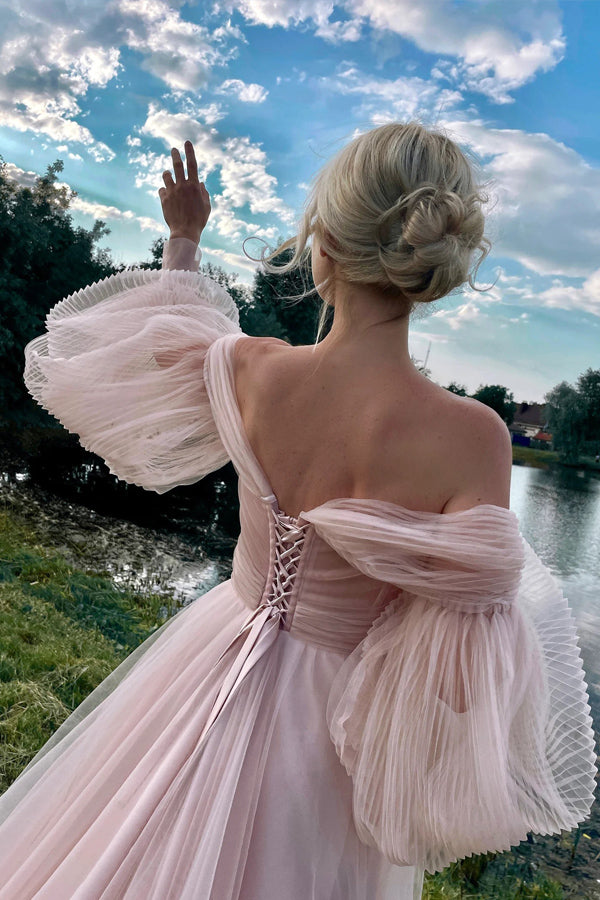 Princess Off The Shoulder Puff Sleeves Pink Long Prom Dress PSK693-Pgmdress