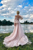 Robe de bal longue rose princesse à épaules dénudées et manches bouffantes PSK693