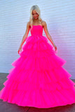 Princess Strapless Tiered Tulle Hot Pink Long Prom Dress PSK603-Pgmdress