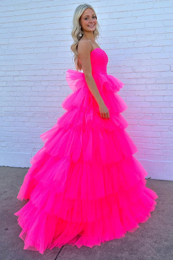 Princess Strapless Tiered Tulle Hot Pink Long Prom Dress PSK603-Pgmdress