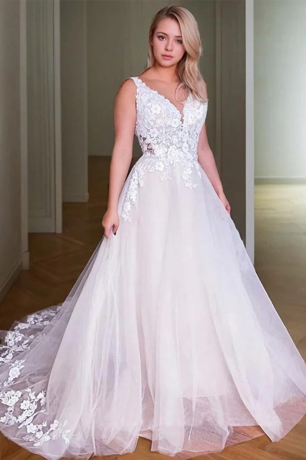 Princess V-Neck Sweep Train Wedding Dresses with Lace Appliques WD710 US16 / Custom Color