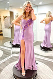 Robe de bal longue à bretelles spaghetti et sirène lavande avec fleurs PSK554
