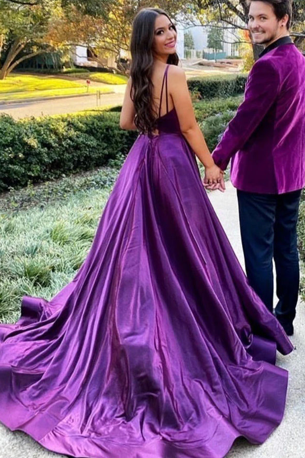 Purple Satin A-line Backless Long Prom Dress With Slit PSK521-Pgmdress