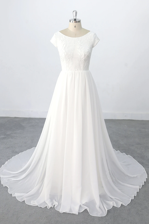 Romantic A-line Chiffon Lace Wedding Dress Beach Wedding Dress-Pgmdress