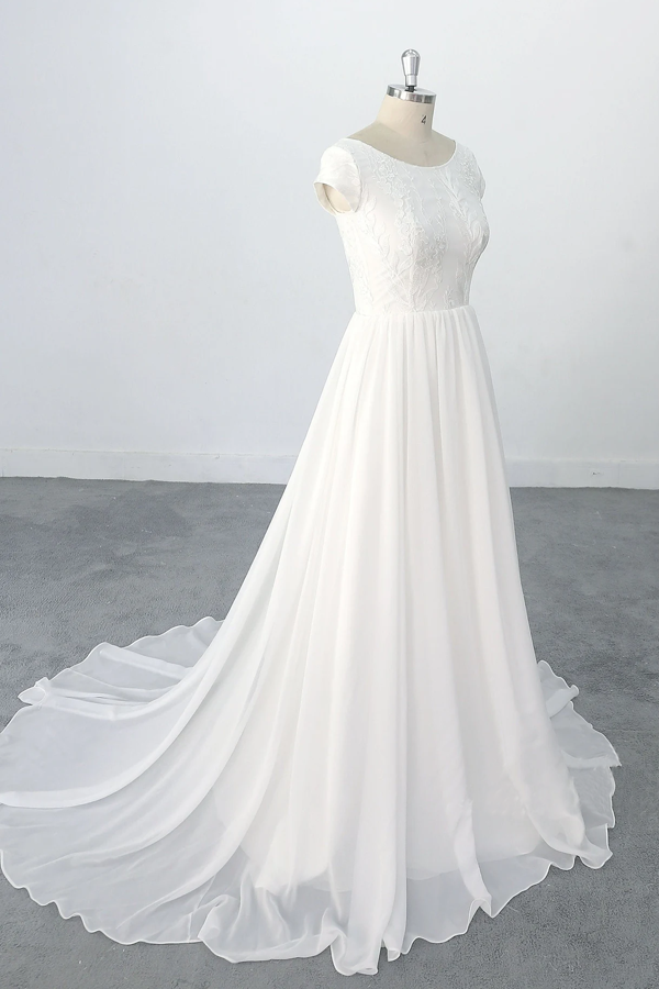 Romantic A-line Chiffon Lace Wedding Dress Beach Wedding Dress-Pgmdress