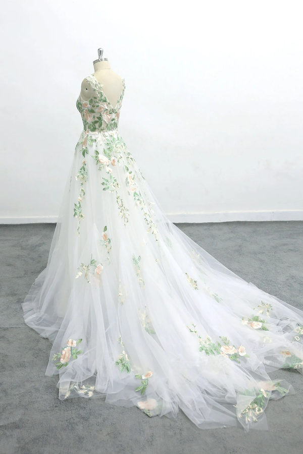 Romantic Forest Fairy Wedding Dress Green Lace Long Wedding Dress-Pgmdress
