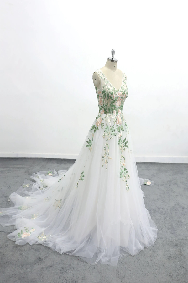 Romantic Forest Fairy Wedding Dress Green Lace Long Wedding Dress-Pgmdress