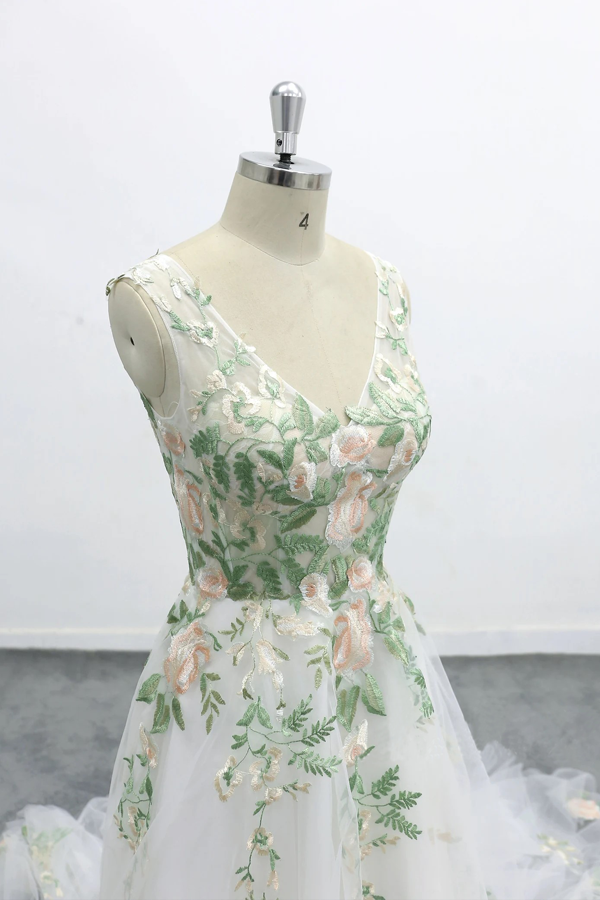 Romantic Forest Fairy Wedding Dress Green Lace Long Wedding Dress-Pgmdress