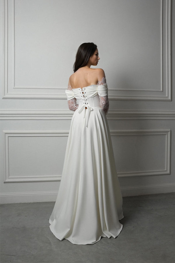 Romantic Off Shoulder Corset Wedding Dress With Long Lace Sleeves-Pgmdress