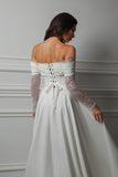 Romantic Off Shoulder Corset Wedding Dress With Long Lace Sleeves-Pgmdress