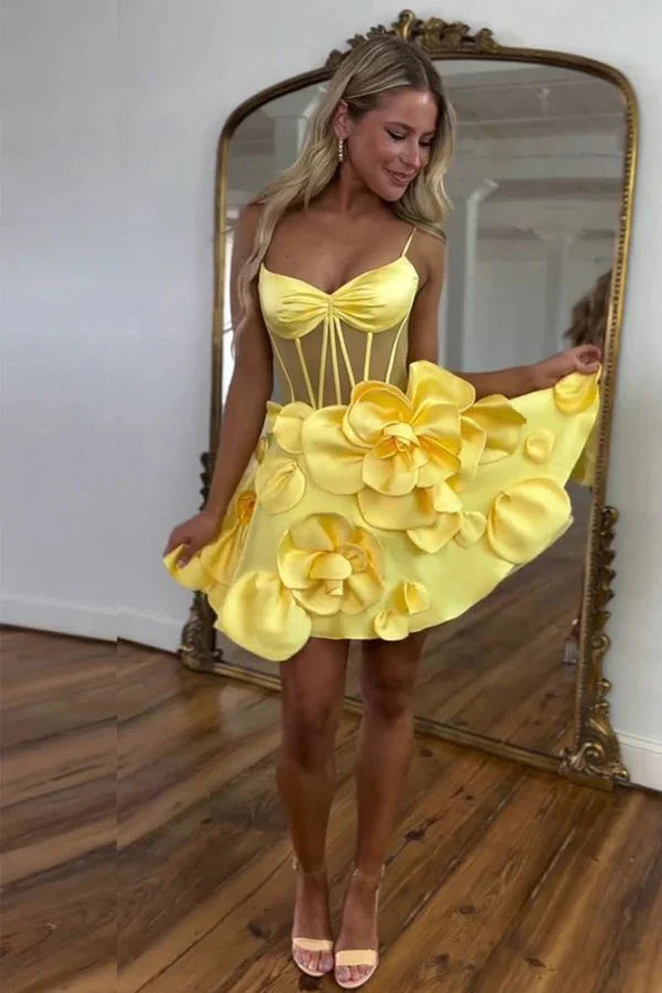 short corset prom dresses Rosette Straps Pink Corset Homecoming Dress Short Prom Dress PD515 US14 / Yellow