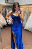 Royal Blue Lace-Up Floral Mermaid Satin Long Prom Dress with Slit PSK512-Pgmdress