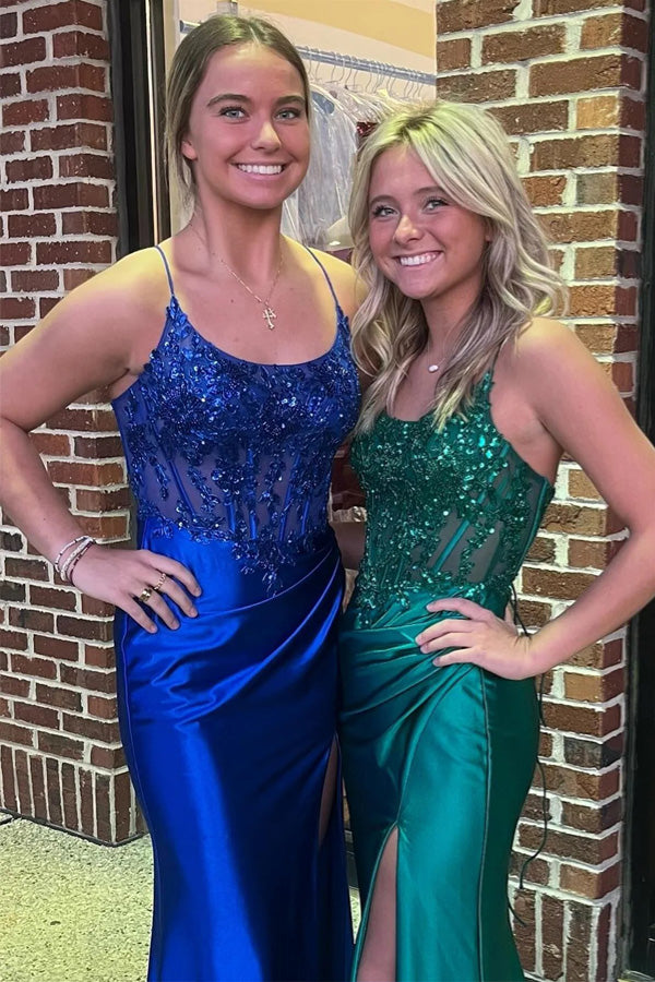 Royal Blue Lace-Up Floral Mermaid Satin Long Prom Dress with Slit PSK512-Pgmdress