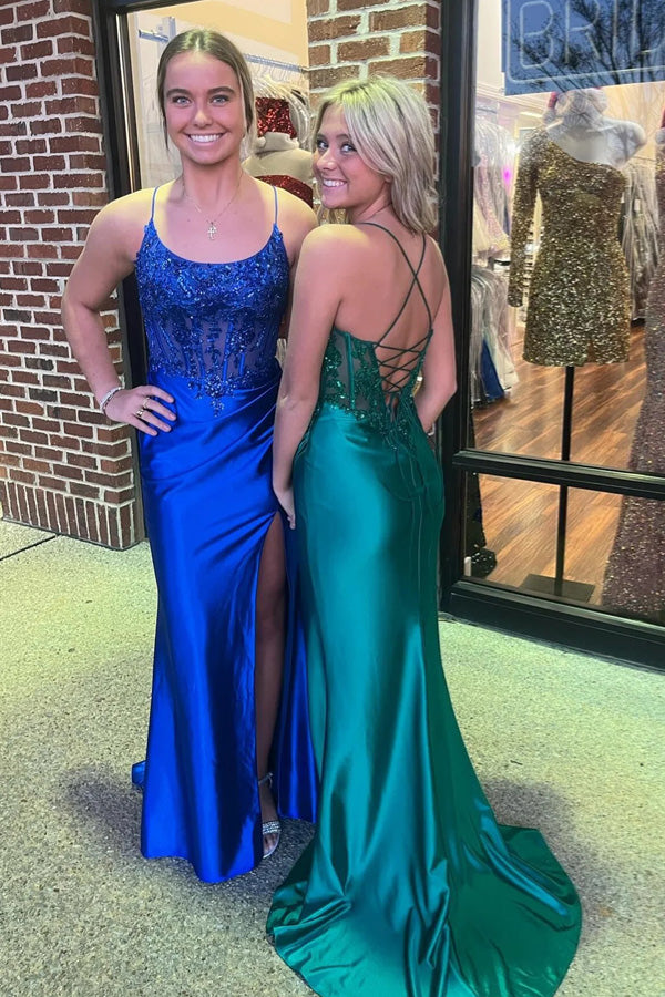 Royal Blue Lace-Up Mermaid Satin Long Prom Dress with Slit PSK512 US2 / Hunter Green