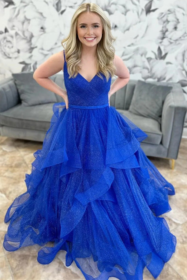 Royal Blue Sparkle Tulle V-Neck Multi-Layer Long Prom Dress PSK510 US2 / Custom Color Royal Blue Sparkle Tulle V-Neck Multi-Layer Long Prom Dress PSK510 US2 / Custom Color