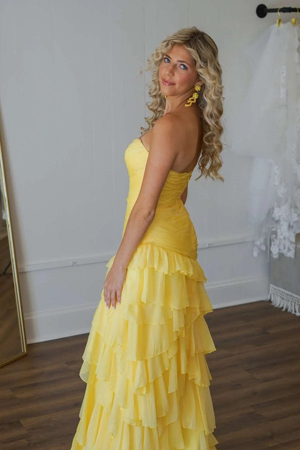 Ruched Ruffle Fitted Yellow Long Prom Dress with Slit  PSK576-Pgmdress