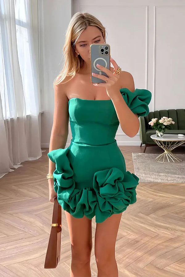 Ruffled Satin Short Party Dress One Shoulder Homecoming Dress PD550 US14 / Green Ruffled Satin Short Party Dress One Shoulder Homecoming Dress PD550 US14 / Green