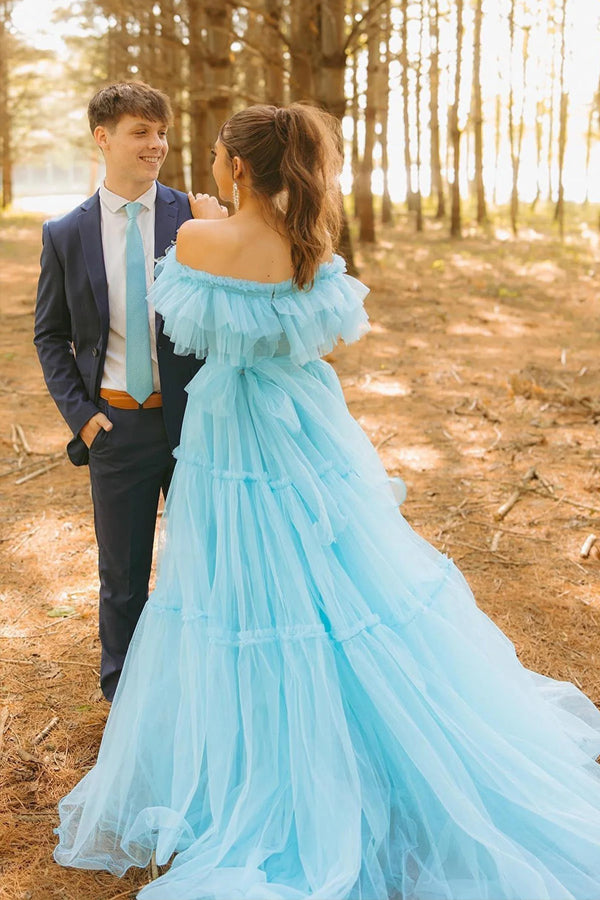 Ruffles Off the Shoulder Corset A-line Blue Prom Dress PSK570-Pgmdress