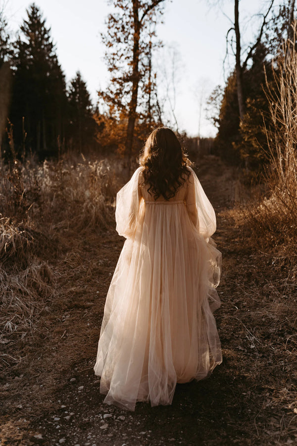 Rustic Wedding Dress With Long Sleeves Champagne Wedding Gown-Pgmdress