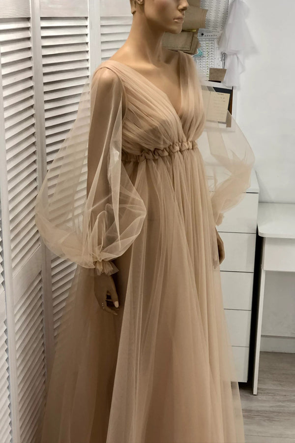 Rustic Wedding Dress With Long Sleeves Champagne Wedding Gown-Pgmdress