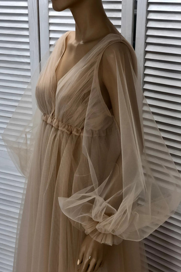 Rustic Wedding Dress With Long Sleeves Champagne Wedding Gown-Pgmdress