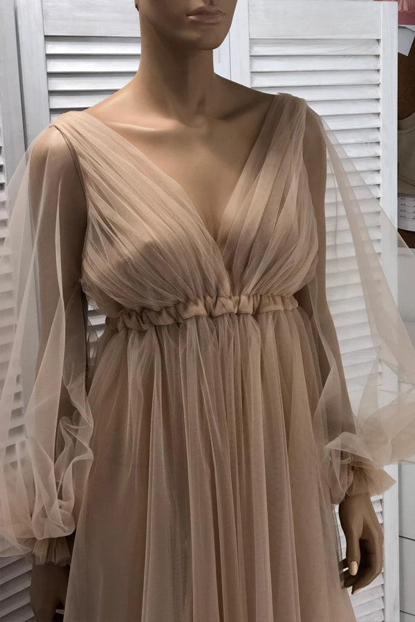 Rustic Wedding Dress With Long Sleeves Champagne Wedding Gown-Pgmdress