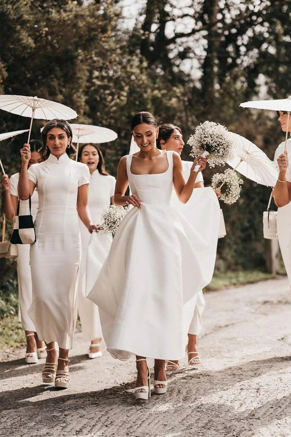 white modest dresses Satin A-Line Square Neck White Modest Wedding Dress WD737 Custom Size / White