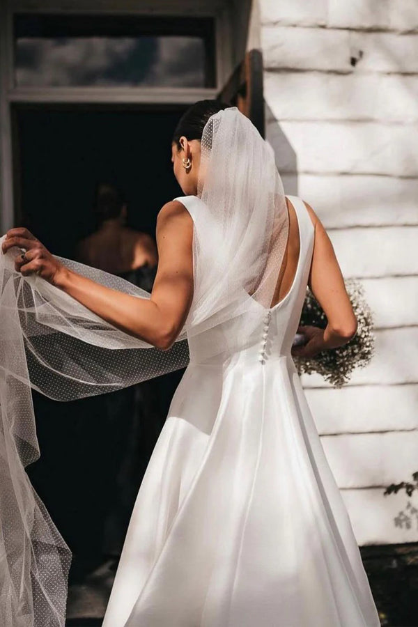 Satin A-Line Square Neck White Modest Wedding Dress WD737-Pgmdress
