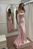 Robe de bal sirène rose en satin à col rond et bretelles spaghetti PSK712