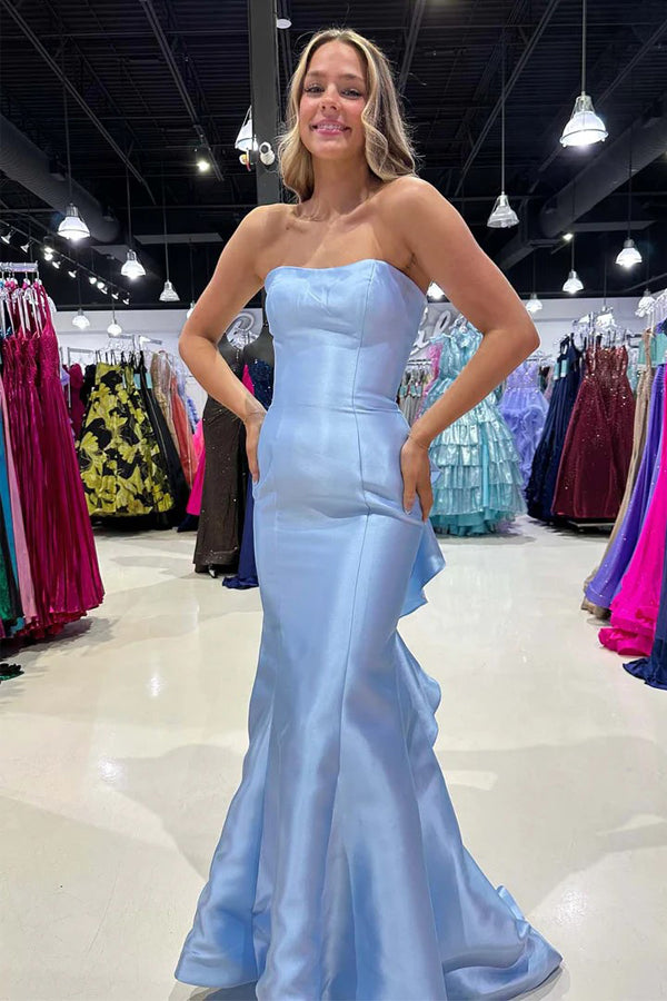 open lace back dress Satin Strapless Blue Prom Dress Party Dress with Ruffle Train PSK673 US14 / Custom Color