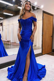 Satin Lace Mermaid Off Shoulder Green Long Prom Dress PSK375-Pgmdress