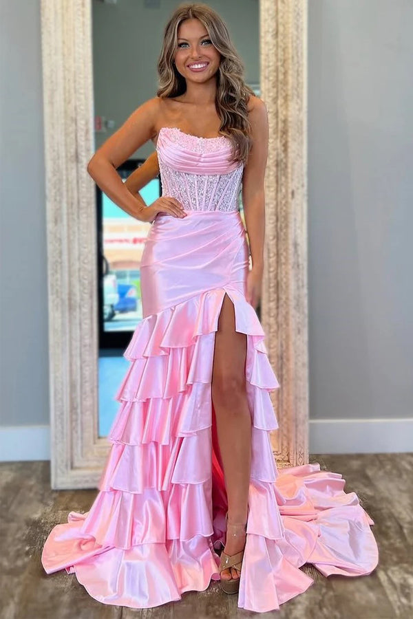 fitted lace wedding dress Pink Straps Square Neck Satin Pleated Mermaid Prom Dress with Slit – Modsele main image 1