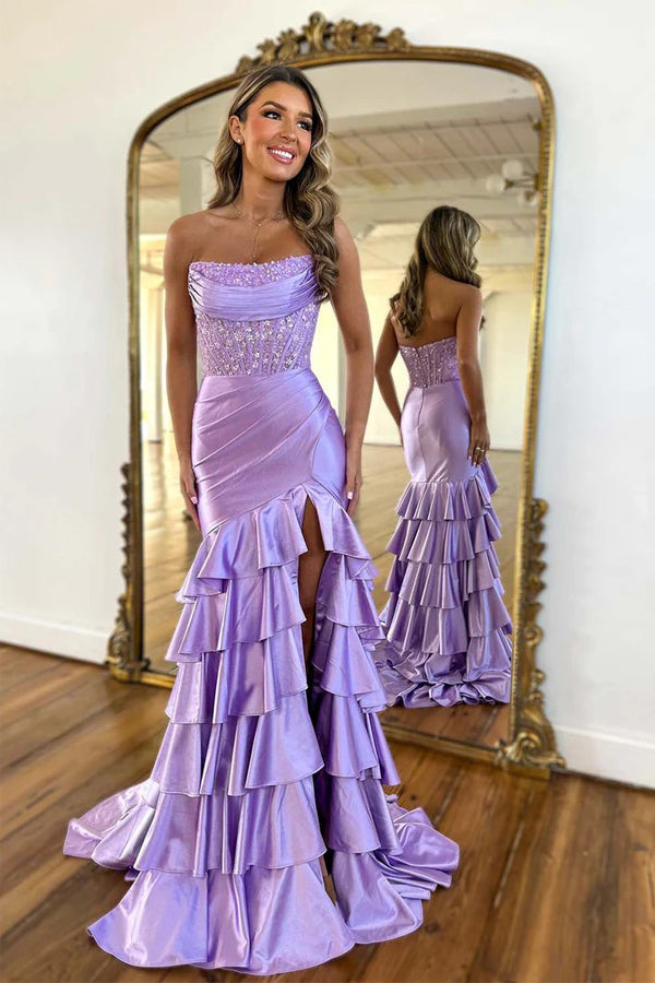 Robe de bal sirène rose plissée à superpositions et fentes PSK661