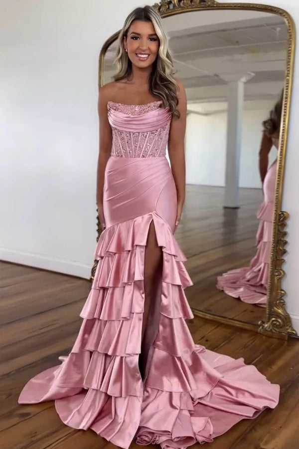 Robe de bal sirène rose plissée à superpositions et fentes PSK661