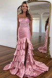 Robe de bal sirène rose plissée à superpositions et fentes PSK661