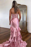 Robe de bal sirène rose plissée à superpositions et fentes PSK661